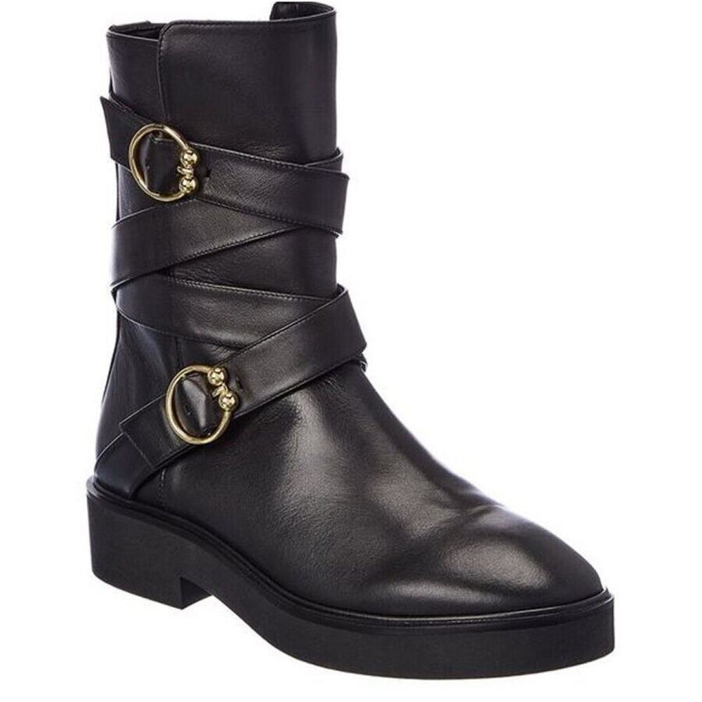 Stuart Weitzman Black Ankle Boots with Gold Buckles